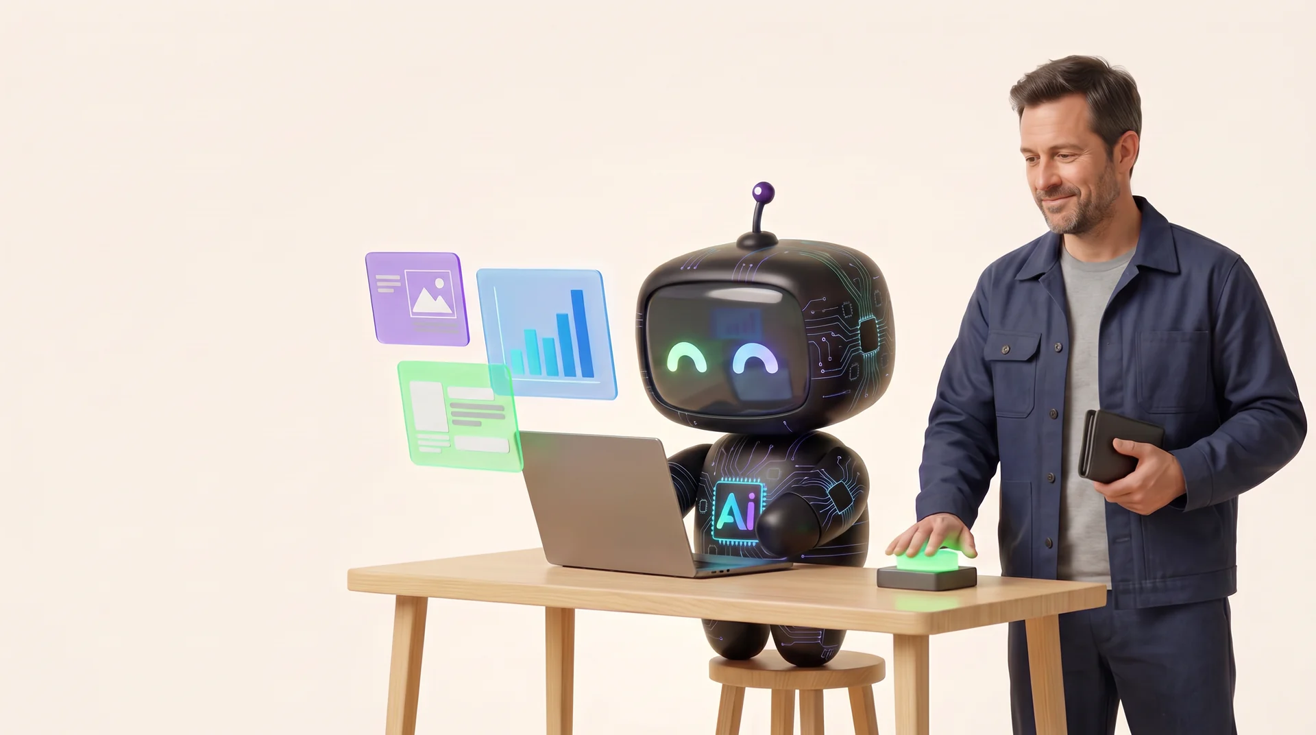 The 513 AI robot mascot works on a laptop surrounded by floating charts and content drafts, while a small-business owner stands beside it with his hand on a green approve button and his wallet in his other hand.
